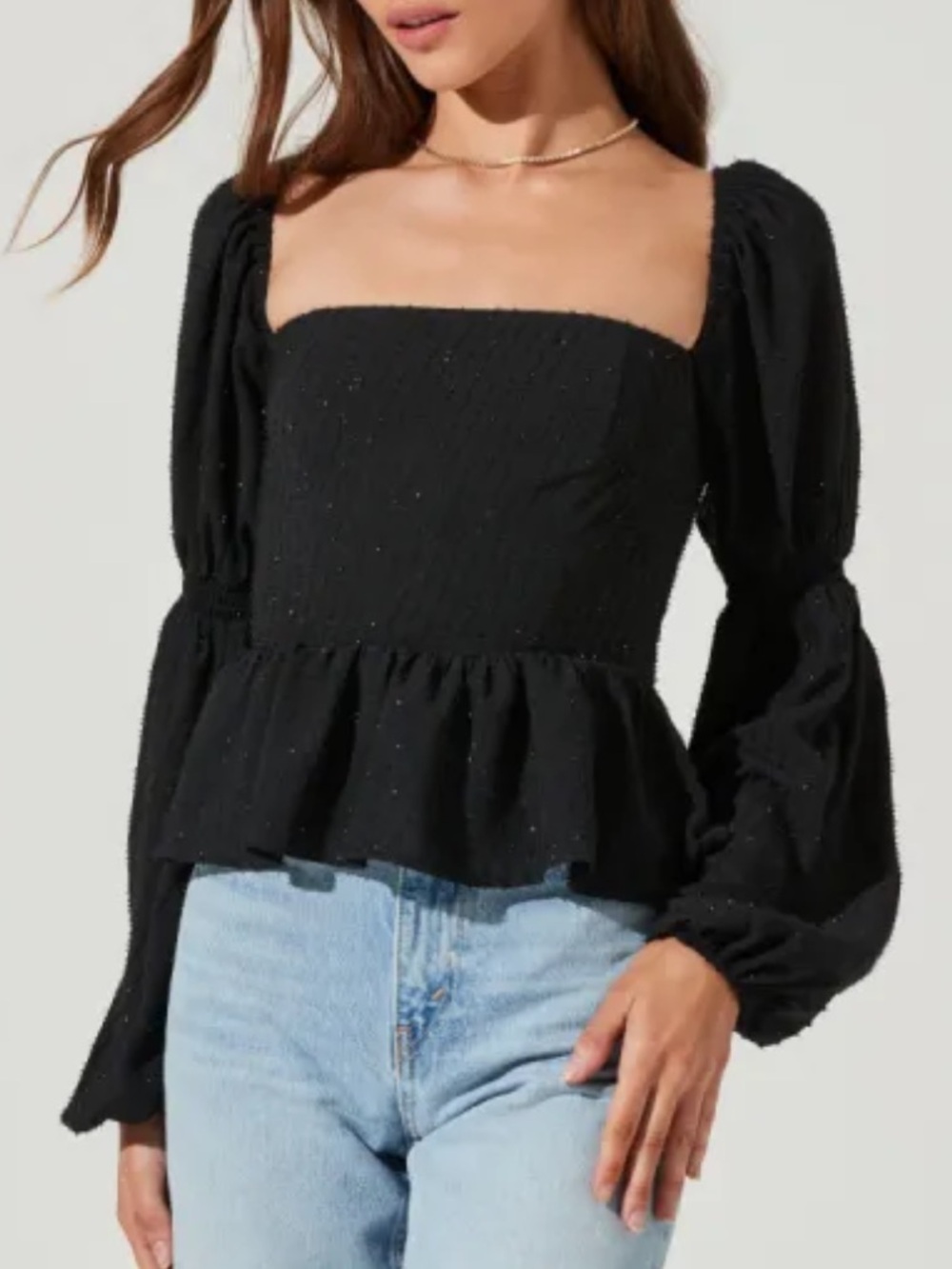 ASTR The Label Black Textured Peplum Puff Sleeve Square Neck Top Revolve - Small